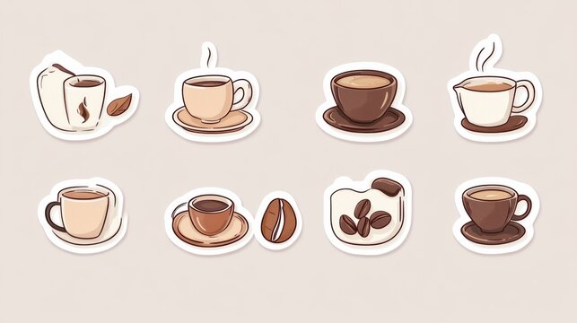 Creative stickers featuring various coffee cups and beans suitable for all coffee lovers and enthusiasts. Generative AI