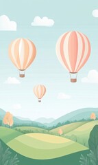 Floating hot air balloons glide gracefully over a lush green field in a scenic landscape. Generative AI