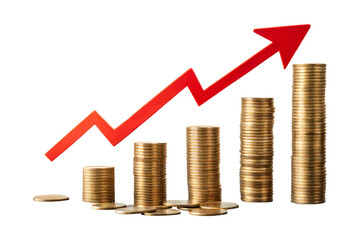Growing Stack of Gold Coins with Red Upward Arrow Transparent Background