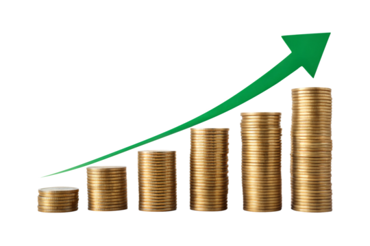 Declining Stack of Gold Coins with Red Downward Arrow Transparent Background