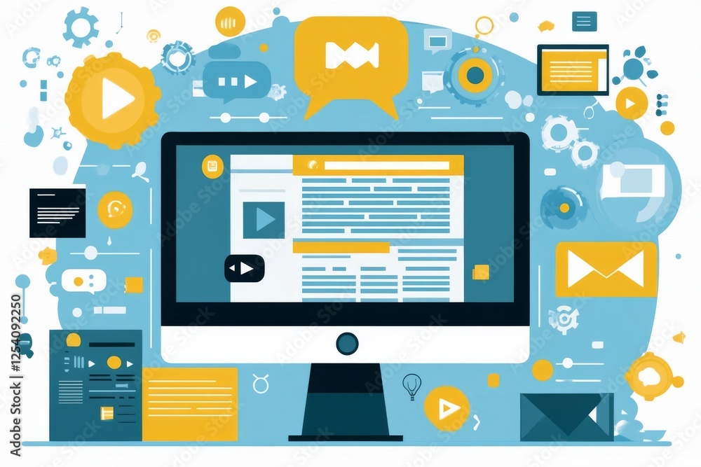 Poster an illustration featuring a modern computer screen with an open video player, windows, and graphics,