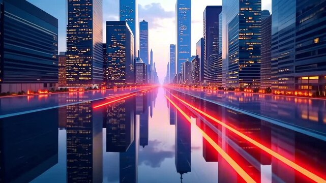 Skyscrapers of a big city, view from the street, around you can see streams of information and data in the form of lights. The concept of cities, megacities, information