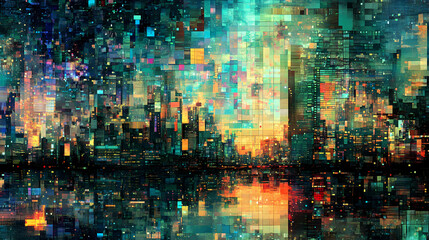 Obraz premium Fractal pixelated glitch art in a retro urban dystopian setting. Mosaic Dreamscapes. Illustration