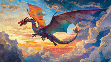 Gradient mosaic dragon soaring in an enchanted sky, mosaic mythical wonder, legendary flight. Mosaic Dreamscapes. Illustration
