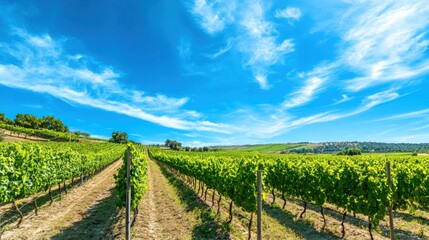 Fototapeta premium An expansive vineyard landscape with lush green grapevines under a clear blue sky, Vineyard scene, Serene and natural style