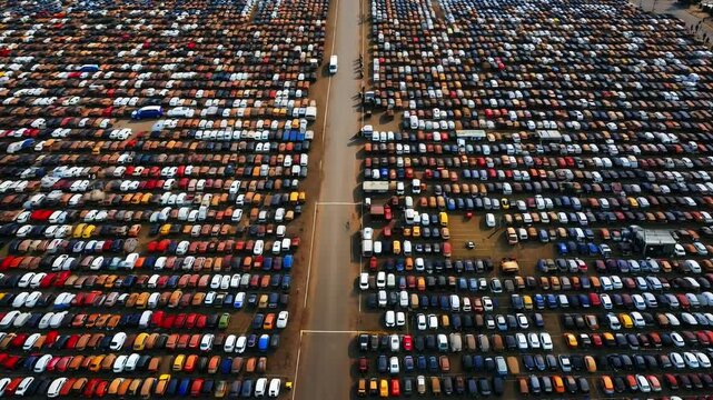 A large parking lot filled with lots of parked cars