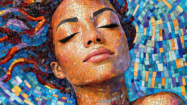 Mosaic portrait of serenity: a woman's face, rendered in vibrant mosaic tiles, exudes tranquility and inner peace. Mosaic Dreamscapes. Illustration