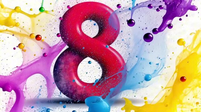 The concept of congratulations on International Women's Day, March 8. The number 8 is drawn in close-up, consisting of orange, pink and blue colors, behind which a colorful stream spreads out in all d