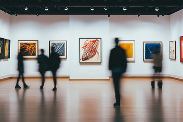 Art Gallery Exhibition: Blurred figures of art enthusiasts thoughtfully explore a modern art exhibition, the vibrant canvases capturing the essence of creativity and artistic expression.