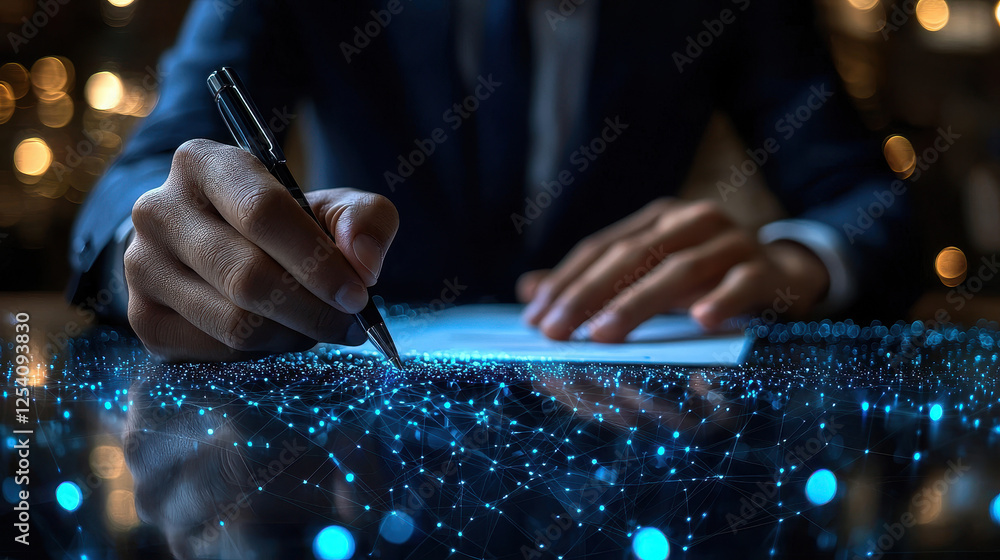 Poster businessman engages in smart contract signing for international shipping with blockchain technology 