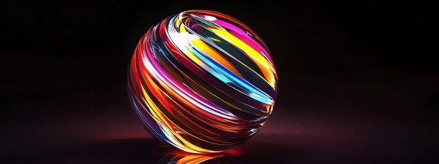 A glass sphere with colorful stripes is floating in the air
