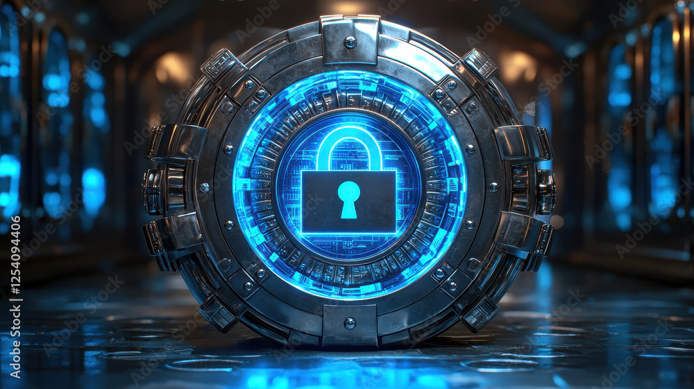 Aufkleber digital vault illustrates cybersecurity insurance with advanced padlock symbol and abstract defensiv