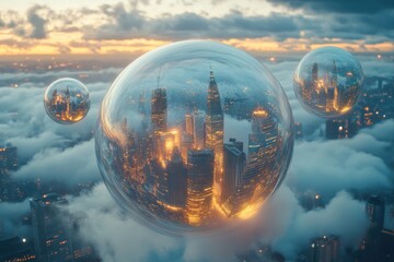 Futuristic cityscape reflections aerial view digital art urban environment surreal concept