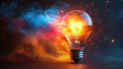 A glowing light bulb surrounded by vibrant, colorful smoke and sparks.