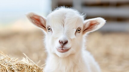 Obraz premium Baby goat portrait in hay. Possible use Children's book illustration