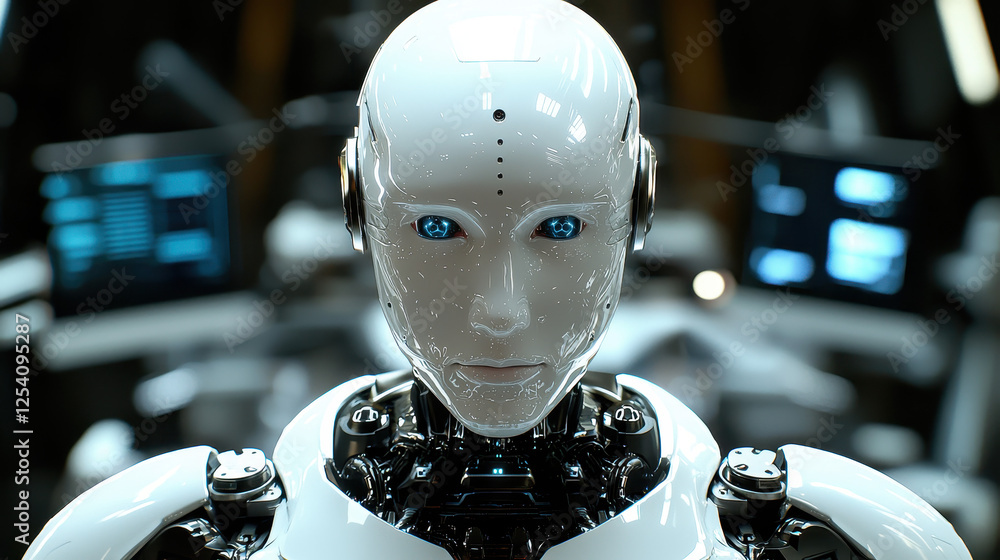Poster sleek ai-driven robot displays advanced decision-making in a futuristic corporate boardroom with int