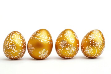 Golden Easter eggs in a row on white background