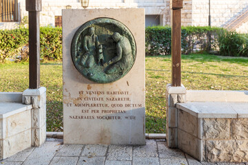 Nazareth, Israel, January 23, 2025: Biblical bas-reliefs depicting scenes from the life of Jesus in...
