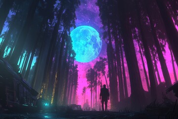 Neon digital illustration showcasing a tropical landscape with palm trees