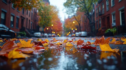 Rainy autumn street, fallen leaves, city background; ideal for fall mood