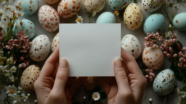 Hands Presenting a Blank Card Surrounded by Colorful Eggs
