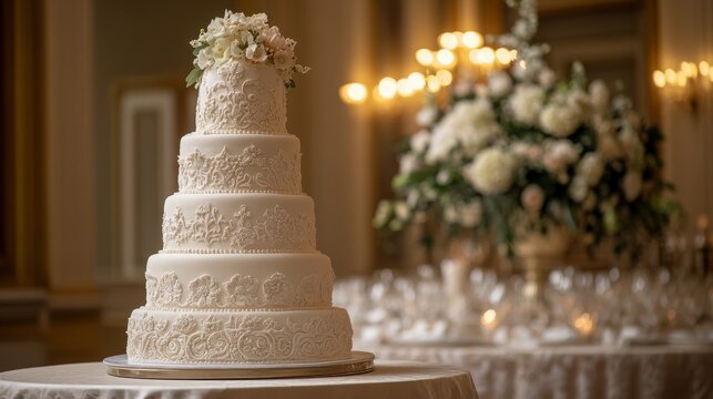 A wedding cake, white and intricately decorated, set on a table with enough room to accommodate a message.