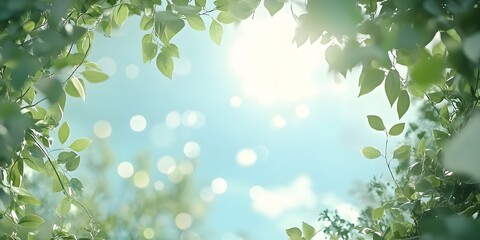 Fototapeta premium A dreamy summer frame of soft greenery blending into a bright sky illuminated by scattered bokeh.