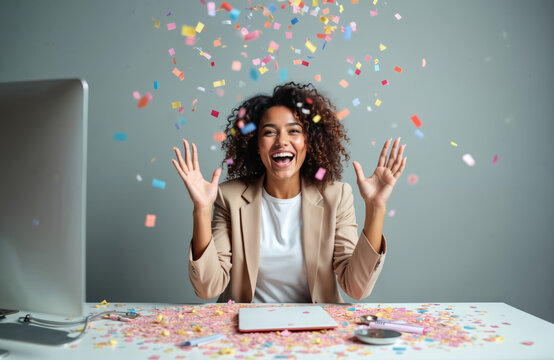 Young happy business woman celebrates success in office, catches colorful falling confetti. Joyful girl rejoices, has fun, laughs at workplace. Successful career celebration.