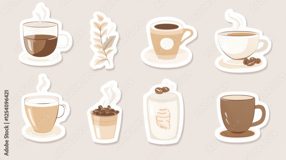 Poster stylish stickers featuring different coffee cups and coffee beans in a minimalist design suitable fo