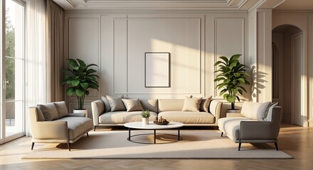 Illustration of modern living room. Beige sofa, armchair, plant on carpet. Classic design interior with wall decor, sunlight and furniture composition. Minimalist empty blank frame.