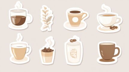 Obraz premium Stylish stickers featuring different coffee cups and coffee beans in a minimalist design suitable for various decorations. Generative AI