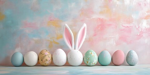 Obraz premium Painted Easter eggs and white rabbit ears on pastel background