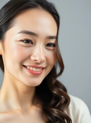 Naklejka premium Beautiful Smiling Asian Woman Portrait, Natural Makeup, Glowing Skin, Isolated