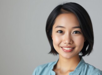 Obraz premium Smiling Asian Woman with Short Hair Portrait, Positive Expression, Modern Professional
