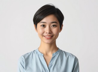 Fototapeta premium Asian Woman Short Hair Smile Portrait, Natural Makeup, Glowing Skin, Authentic Look