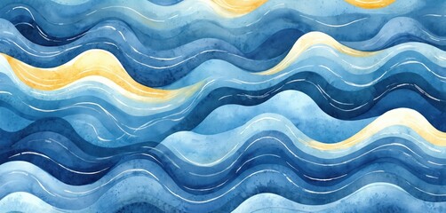 Obraz premium Blue and yellow watercolor visual illustration with hand painted details. Ocean waves with light pastel colors. Abstract sea water wave background. Summer party banner with curve flow motion.