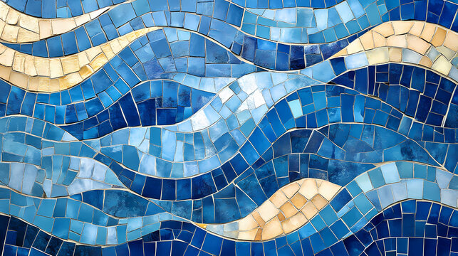 A blue mosaic tile wall with a wave pattern. Mosaic Dreamscapes. Illustration