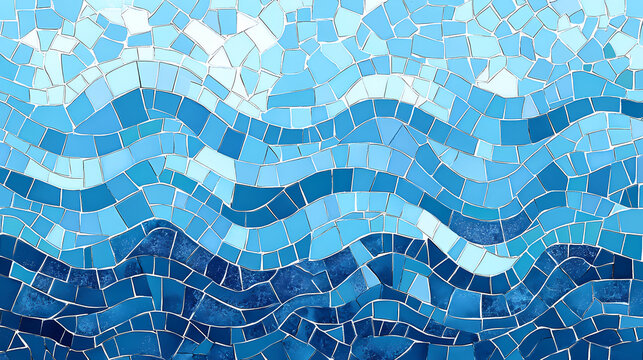 A blue mosaic tile wall with a wave pattern. Mosaic Dreamscapes. Illustration