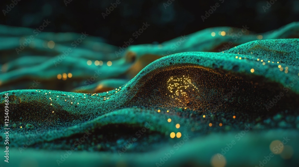 Poster wave comprised of many dots. network of bright particles interconnected by lines. abstract digital b
