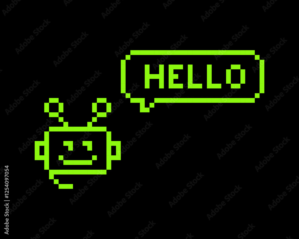 Poster ai robot head with speech bubble hello. 8 bit chatbot emoji. y2k bot support service pixel art style
