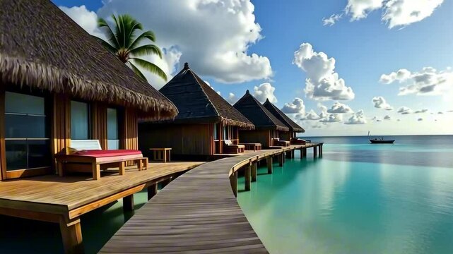 The camera smoothly runs along the thatched-roof guest houses that stand on the shore, open balconies and seating areas standing on the seashore surrounded by palm trees, the sea and clouds. The conce
