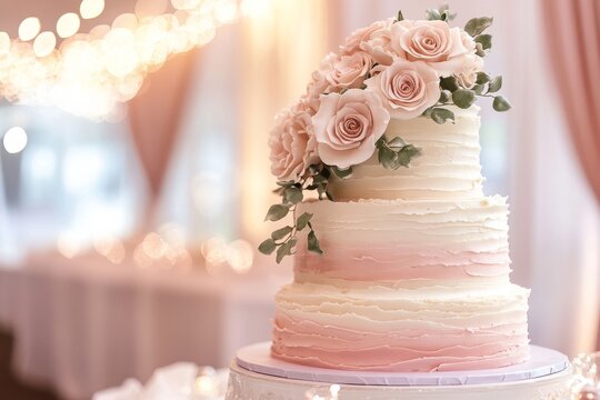 A sophisticated tiered wedding cake, decorated with pink roses and dressed in warm string lights, infuses the space with a romantic mood.