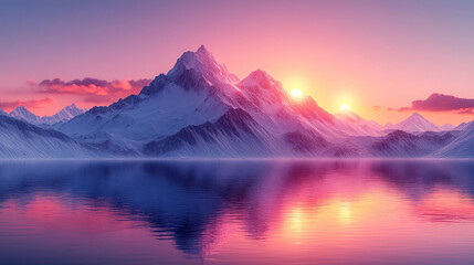 Low-poly 3D mountain landscape at dusk, cool blue and purple shades, geometric minimalism