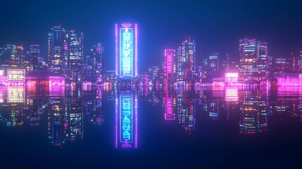 Neon Futuristic Cityscape With Reflections