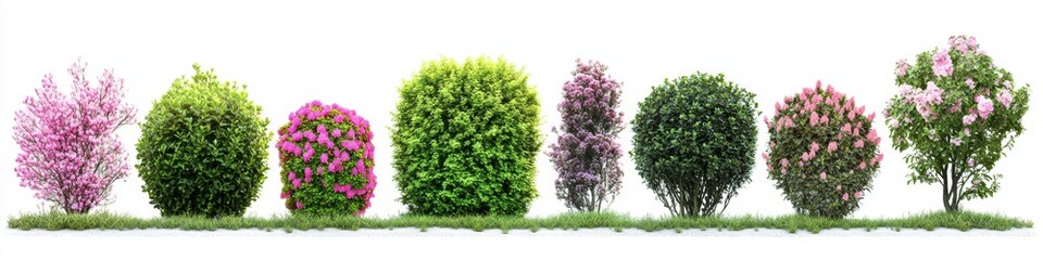 Colorful shrubs garden row, white background, landscaping design