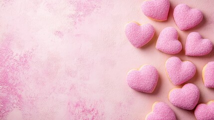 Fototapeta premium Heart-shaped pastries, decorated with pink icing and arranged on a pink background, embody the cozy and sweet theme of Valentine's Day treats.
