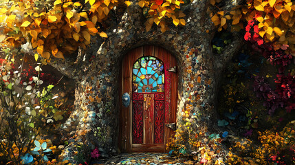 Fototapeta premium A whimsical tree door surrounded by colorful vines and mosaic patterns inviting you into a fantasy world of nature's beauty. Mosaic Dreamscapes. Illustration