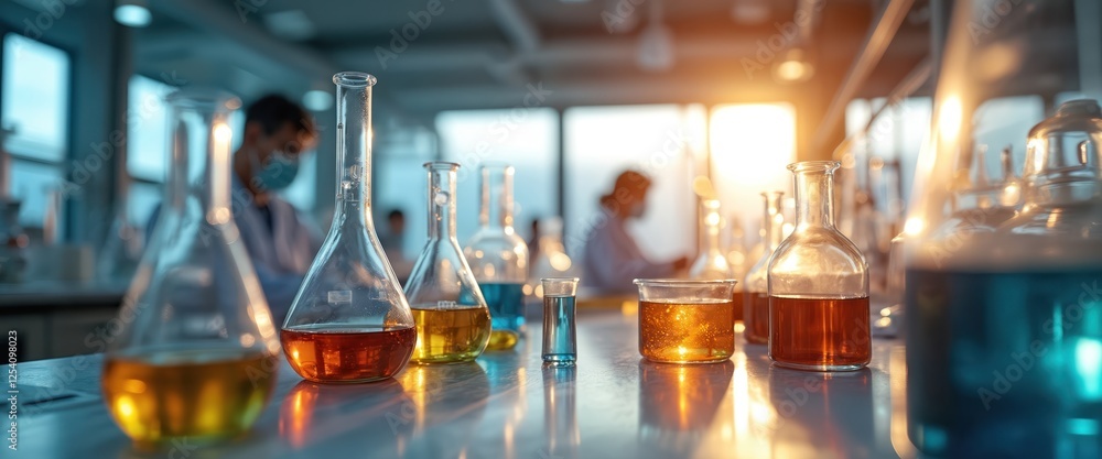 Poster ultramodern chemistry lab. researchers synthesize new materials with sunlight filtering. advanced fi