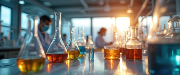 Ultramodern chemistry lab. Researchers synthesize new materials with sunlight filtering. Advanced filtration systems broken by apparatus shadows. Scientists perform experiment with chemical liquid in