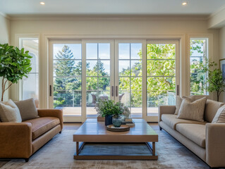 Fototapeta premium Spacious Modern Living Room with White Leather Sofas and Large Windows